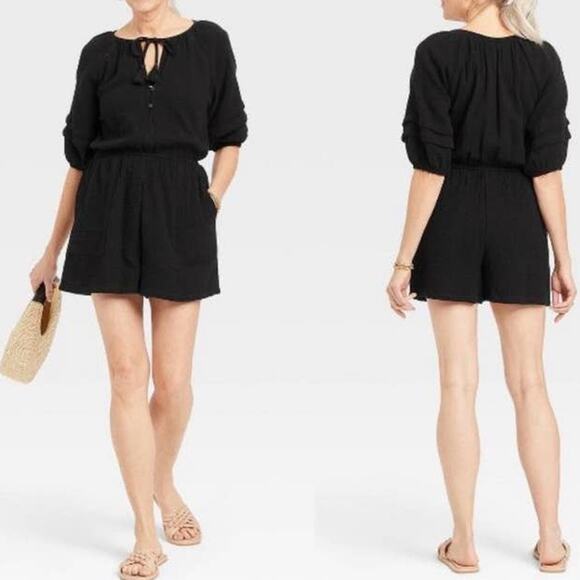 Knox Rose Pants - Knox Rose Gauze Romper Black Size S Half Sleeve Shorts Lined Cotton One Piece
